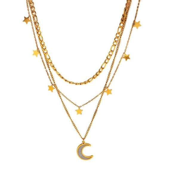 Celestial 18K Gold-Plated  Layered Necklace with Stars and Moon Charm - Picture 3 of 6